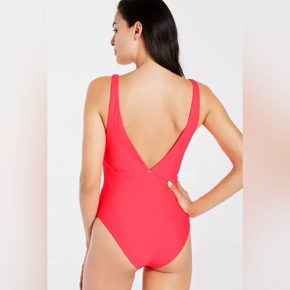 Fabletics Maro Mallet Medium One-Piece Swimsuit Plunge Front/Back Hot Coral